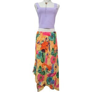 DressU Vtg Y2K Boho Floral Tropical Vacation Resort Asymmetric Hem Maxi Skirt 14